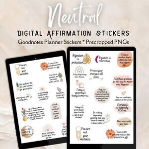 Könnte beinhalten: Ein Satz digitaler Planer-Aufkleber mit positiven Affirmationen in einer neutralen Farbpalette. Die Aufkleber zeigen Illustrationen von Pflanzen, Traumfängern und Regenbögen. Einige der Affirmationen beinhalten "Du bist nicht deine Fehler", "Heute ist ein weiterer Tag, um die besten Tage deines Lebens hinzuzufügen" und "Schütze deine Energie um jeden Preis".