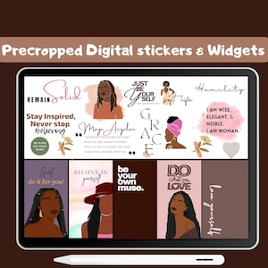 May include: Digital stickers and widgets with inspirational quotes and illustrations of women. The stickers feature quotes like "Just be your self", "Believe in yourself", "Be your own muse", "Do what you love", "Love yourself", "Remain solid", "Stay inspired, never stop believing", "Girl, do it for you", "Maya Angelou", "Grace", "Humility", and "I am wise, elegant, & noble. I am woman."