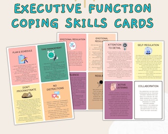 Executive functioning strategies pdf, ADHD adult, executive dysfunction printable coping skills, therapist worksheet ADHD therapy flashcards