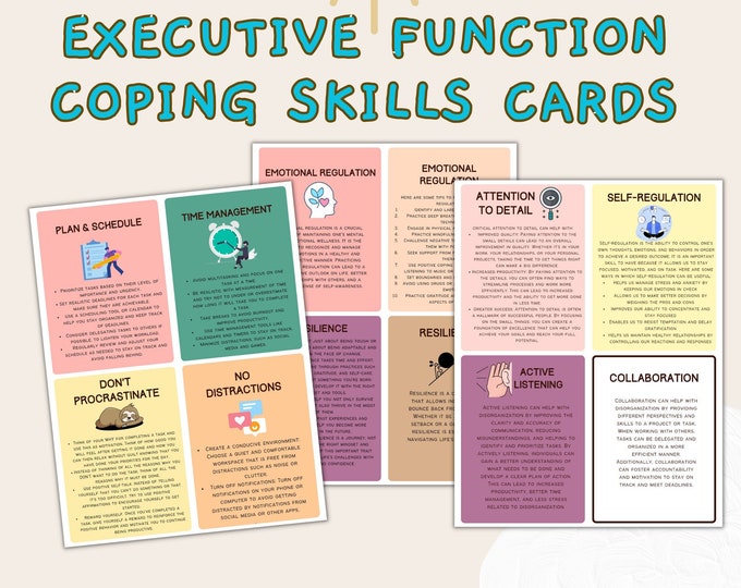 Executive functioning strategies pdf, ADHD adult, executive dysfunction printable coping skills, therapist worksheet ADHD therapy flashcards