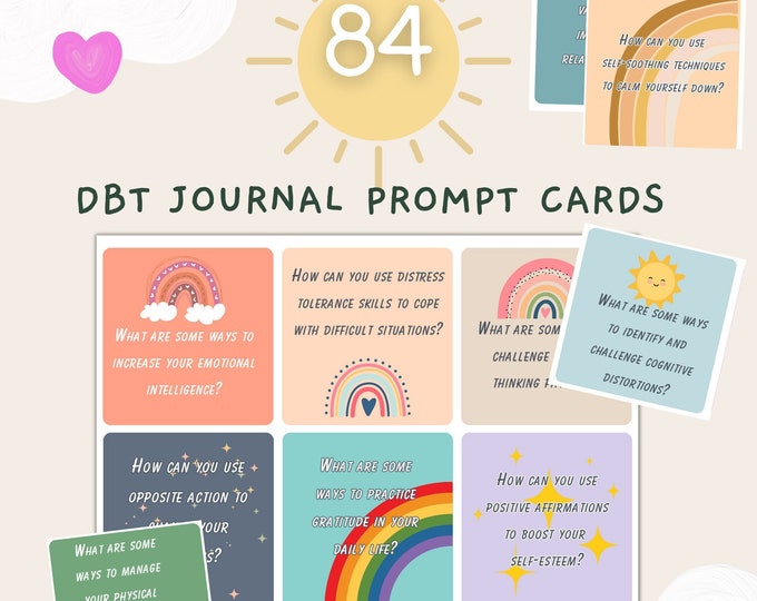 DBT Journal Prompts, Emotional Regulation cards, Mental health, cognitive distortion, psychology, Mindfulness, Distress Tolerance