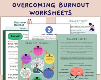 May include: A set of printable worksheets designed to help overcome burnout. The worksheets feature illustrations of a person experiencing burnout and a diagram outlining the stages of burnout. The text includes the title "Overcoming Burnout Worksheets" and the phrase "Burnout Quiz".