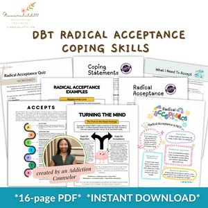 Puede incluir: Un conjunto de hojas de trabajo y guías de habilidades de afrontamiento de Aceptación Radical DBT. La imagen incluye el texto "DBT Radical Acceptance Coping Skills", "Radical Acceptance" y "Descarga instantánea". Las hojas de trabajo cubren temas como "Accepts" y "Turning the Mind".