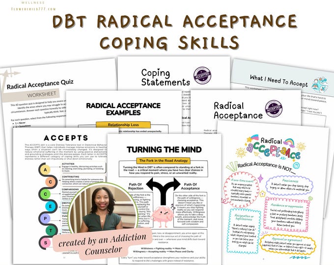 Radical Acceptance DBT Skills Worksheets | 16-Page Turning the Mind Workbook | Distress Tolerance & Emotional Regulation Printable