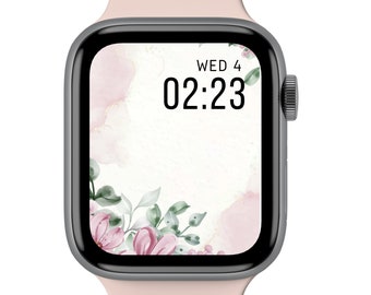 Apple Watch face wallpaper floral, pink watercolor, digital watch face, faith png, smartwatch face, 45 mm apple watch face for women