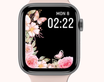 Floral Apple Watch face wallpaper, butterfly digital watch face, smartwatch face, 45 mm apple watch face for women