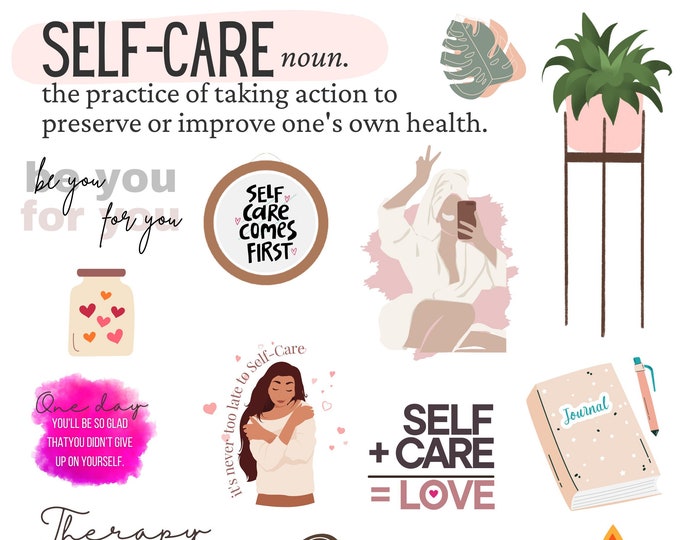 Mental Health Digital Stickers, Self Care Stickers, Digital Self Care planner stickers, Pink Goodnotes Stickers