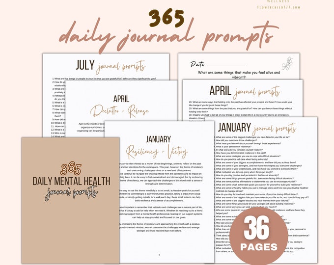 365 journal prompts, 365 daily journal prompts printable, journaling prompts, 30 day challenge, monthly journal prompts for mental health