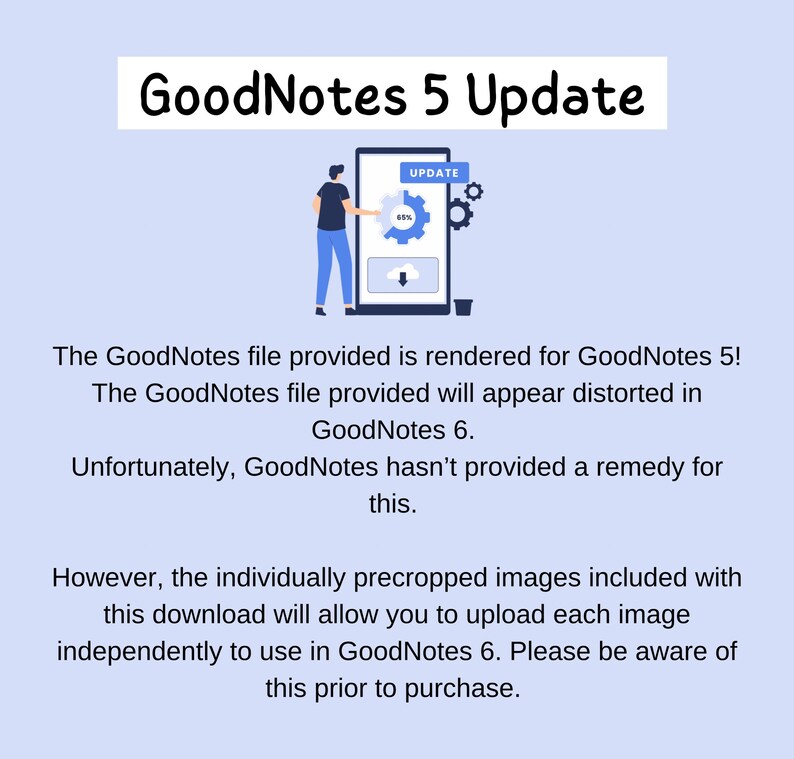 May include: A digital illustration of a person updating a mobile app on their phone. The app is labeled "UPDATE" and shows a progress bar at 65%. The text "GoodNotes 5 Update" is at the top of the image. The text below the image explains that the GoodNotes file provided is rendered for GoodNotes 5 and will appear distorted in GoodNotes 6. It also states that GoodNotes has not provided a remedy for this. The text continues to explain that the individually precropped images included with this download will allow users to upload each image independently to use in GoodNotes 6. The text concludes by asking users to be aware of this prior to purchase.
