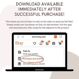 May include: A screenshot of a laptop displaying the Etsy website. The Etsy website is open to a user's account page. The user's name is Tish H. and the account page shows options to view the user's profile, purchases and reviews, and gift card balance. The gift card balance is $0.00.