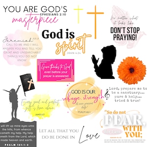 Può includere: Un poster colorato e ispiratore con citazioni e immagini religiose. Il poster presenta una croce, una persona che prega, un fiore e testo come "Sei il capolavoro di Dio", "Dio è spirito", "Non smettere di pregare" e "Che tutto ciò che fai sia fatto in amore".