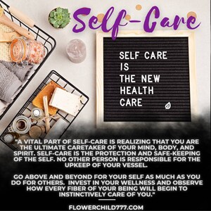 May include: A black letter board with the text "Self Care is the New Health Care" and a small green leaf icon. The board is surrounded by a white background with a basket of bath products and a candle.