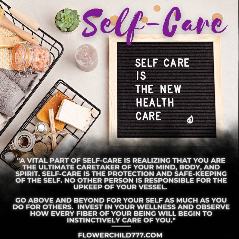 May include: A black letter board with the text "Self Care is the New Health Care" and a small green leaf icon. The board is surrounded by a white background with a basket of bath products and a candle.