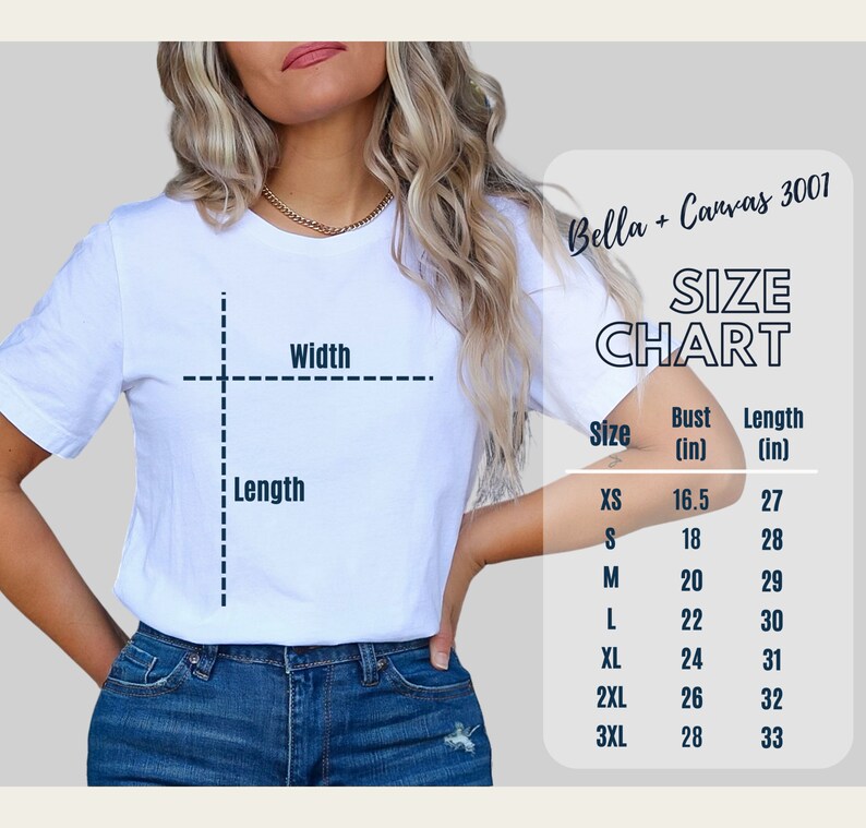 May include: Size chart for Bella + Canvas 3001 t-shirts, showing bust and length measurements in inches for sizes XS to 3XL.