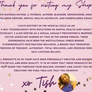 May include: A pink and white background with gold stars. The text "Thank you for visiting my Shop!" is at the top of the image. The text "xo Tish" is at the bottom of the image. A woman is smiling at the camera in the bottom right corner of the image.