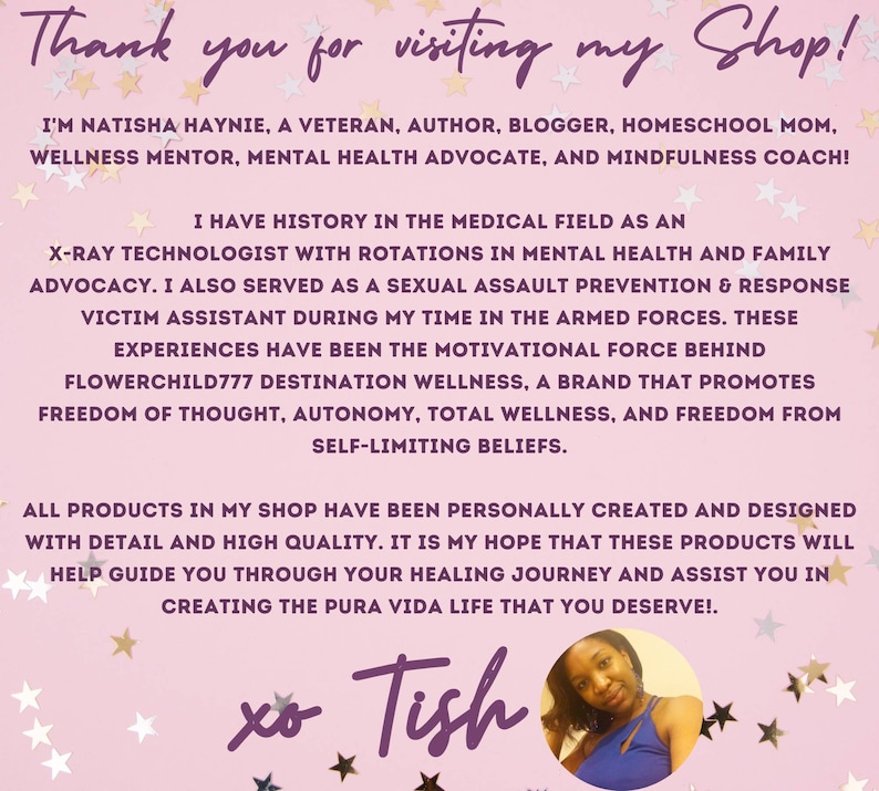 May include: A pink and white background with gold stars. The text "Thank you for visiting my Shop!" is at the top of the image. The text "xo Tish" is at the bottom of the image. A woman is smiling at the camera in the bottom right corner of the image.