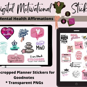May include: Digital planner stickers with motivational quotes and affirmations for mental health. The stickers are in various colors and feature illustrations of hearts, flowers, and bees. The text includes phrases like "Healthy & Wealthy", "Make it Epic", "Live in Love", "Quiet the Mind", "Goal Getter", "Be Optimist", "Stay Motivated", "It's a New Day", "Don't Stand in Your Own Way", "Change is in Every Challenge", "Born to Win", "I Bring Peace", and "Unavailable for Things that Tarnish My Soul".