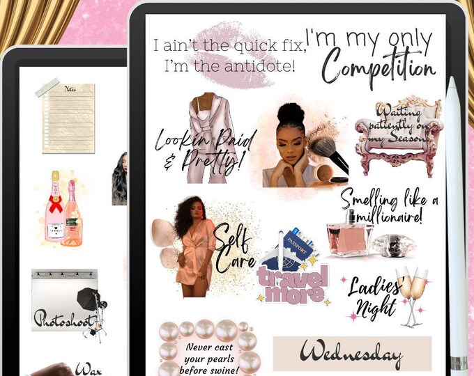 Black Women Self Care Digital Planner Stickers, Realistic Moodboard Goodnotes Stickers, precropped Planner stickers, notability stickers
