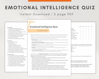 Puede incluir: Una hoja de trabajo imprimible titulada "Cuestionario de Inteligencia Emocional" con una sección para la autoconciencia, la autorregulación, la motivación, la empatía y la conciencia social. La hoja de trabajo incluye una descripción de la inteligencia emocional y sus componentes.