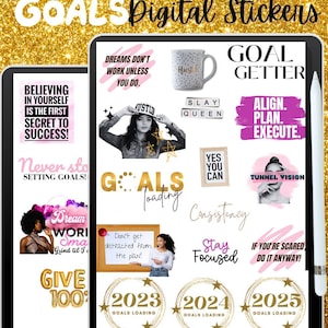 May include: A digital planner sticker set with motivational quotes and images. The stickers feature phrases like "Goals Loading", "Dream Work Smart", "Give 100%", "Align, Plan, Execute", "Stay Focused", and "Tunnel Vision".