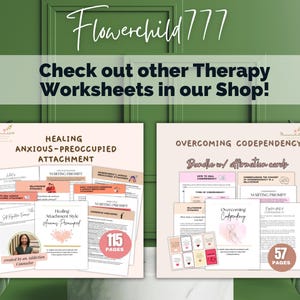 Op de afbeelding: Twee digitale downloads voor therapie-werkbladen. De eerste is getiteld "Healing Anxious-Preoccupied Attachment" en heeft 115 pagina's. De tweede is getiteld "Overcoming Codependency Bundle w/ Affirmation Cards" en heeft 57 pagina's.