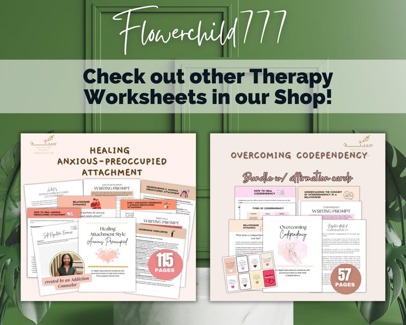 Op de afbeelding: Twee digitale downloads voor therapie-werkbladen. De eerste is getiteld "Healing Anxious-Preoccupied Attachment" en heeft 115 pagina's. De tweede is getiteld "Overcoming Codependency Bundle w/ Affirmation Cards" en heeft 57 pagina's.