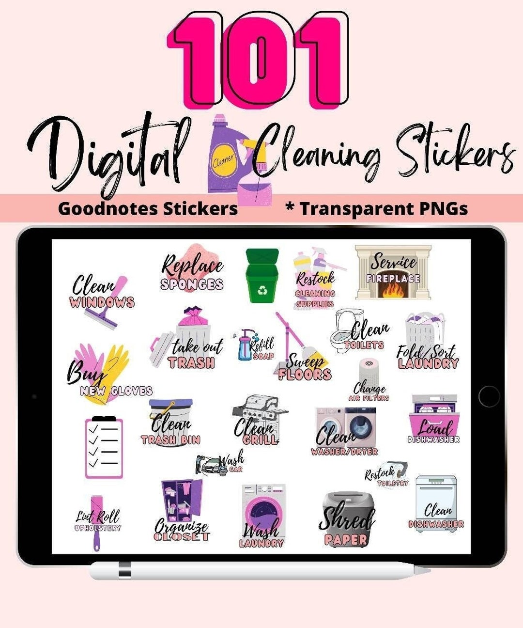 Household Spring Cleaning Goodnotes Cleaning Clipart Stickers, Everyday ...
