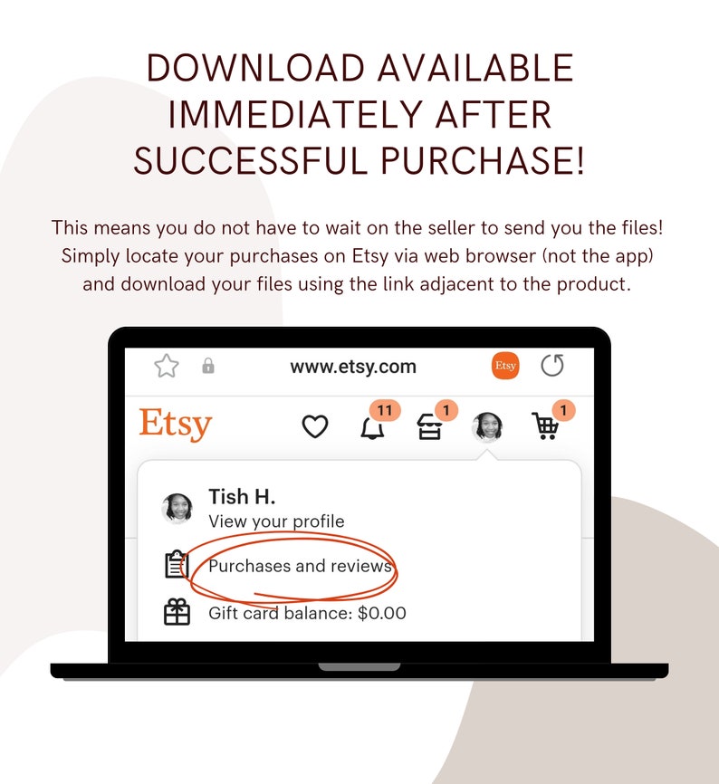 May include: A laptop computer screen displaying the Etsy website. The screen shows a user's account information, including their name, purchases and reviews, and gift card balance. The text on the screen reads "Purchases and reviews" and "Gift card balance: $0.00".