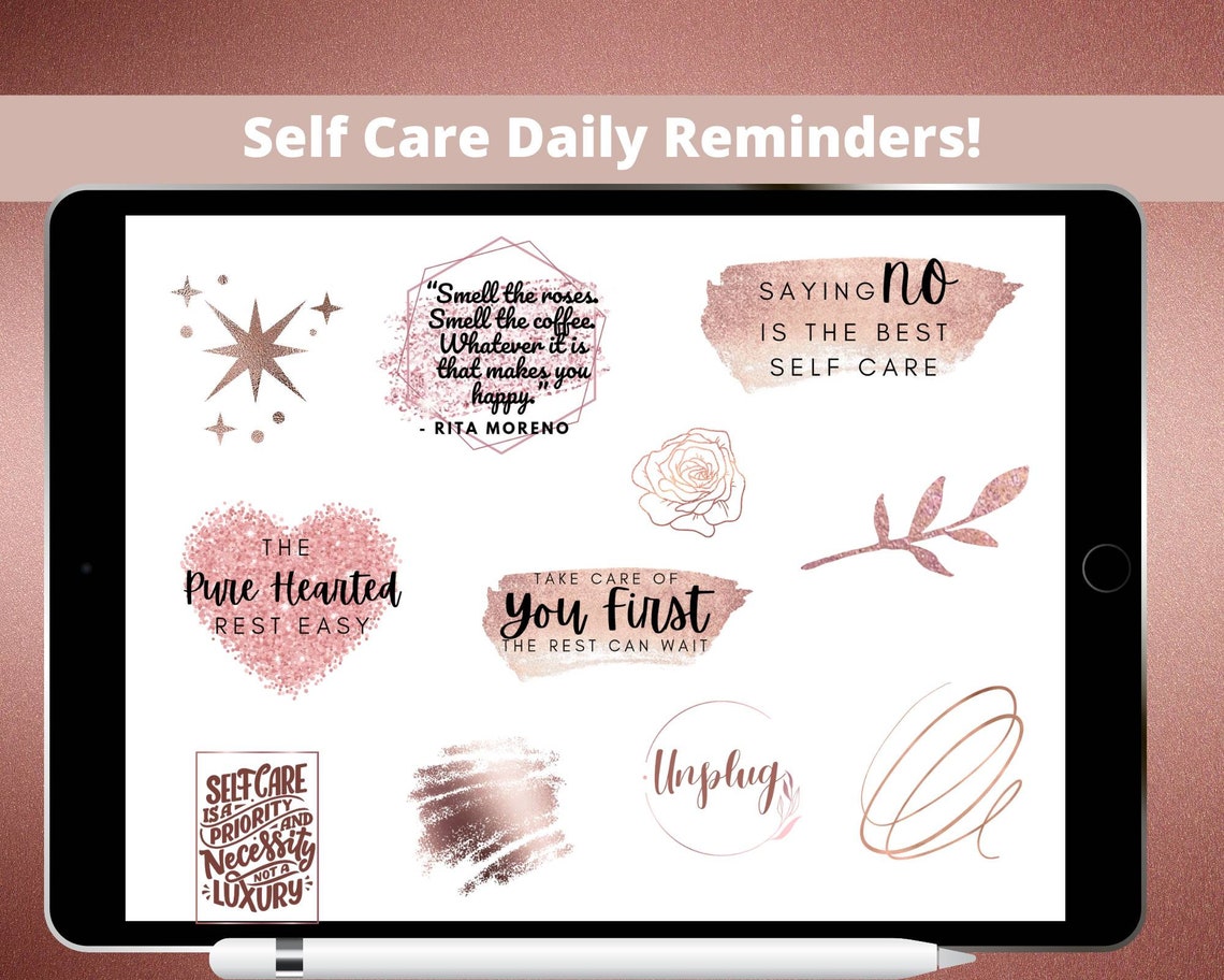 Rose Gold Stickers, Rose Metallic Digital Stickers, Self Care Stickers ...