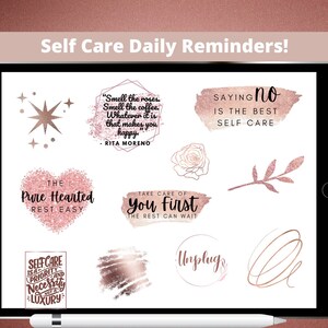 Rose Gold Stickers, Rose Metallic Digital Stickers, Self Care Stickers