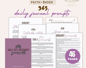 Self discovery Journal prompts, Christian journal prompts, 365 daily journal prompts printable, monthly journal prompts for mental health