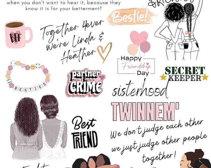 Best friend clipart digital, bestie black girl digital stickers, Goodnotes Stickers, precropped iPad Planner stickers, notability stickers