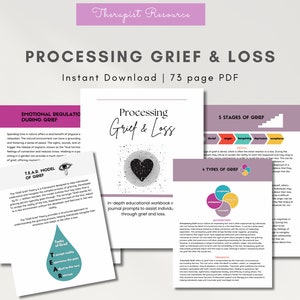 May include: A digital download of a 73-page PDF workbook titled "Processing Grief & Loss." The workbook features a broken heart graphic and text about emotional regulation during grief, the TEAR model of grief, and the five stages of grief.