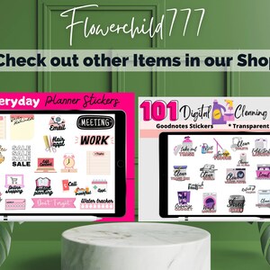 May include: Two digital planner sticker sets, one for everyday planning and one for cleaning. The everyday planner set features stickers with phrases like "enjoy every day", "online shopping", "meeting", and "work". The cleaning set features stickers with phrases like "clean toilet", "clean floors", "wash laundry", and "shred paper".