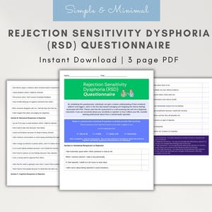 May include: A printable questionnaire titled "Rejection Sensitivity Dysphoria (RSD) Questionnaire" with a green background and white text. The questionnaire is designed to help individuals understand their emotional patterns and triggers, which are the first step toward managing and mitigating the feelings associated with RSD.