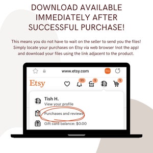 Puede incluir: Una pantalla de computadora port&aacute;til que muestra el sitio web de Etsy. La pantalla muestra la informaci&oacute;n de la cuenta de un usuario, incluido su nombre, un enlace para ver su perfil, un enlace a sus compras y rese&ntilde;as, y su saldo de tarjeta de regalo. El texto en la pantalla dice "www.etsy.com", "Etsy", "Tish H.", "Ver tu perfil", "Compras y rese&ntilde;as", y "Saldo de la tarjeta de regalo: 0,00 &euro;".
