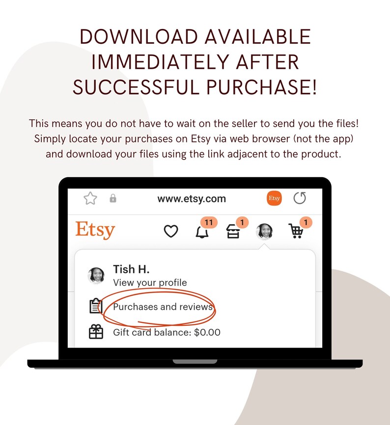Puede incluir: Una pantalla de computadora port&aacute;til que muestra el sitio web de Etsy. La pantalla muestra la informaci&oacute;n de la cuenta de un usuario, incluido su nombre, un enlace para ver su perfil, un enlace a sus compras y rese&ntilde;as, y su saldo de tarjeta de regalo. El texto en la pantalla dice "www.etsy.com", "Etsy", "Tish H.", "Ver tu perfil", "Compras y rese&ntilde;as", y "Saldo de la tarjeta de regalo: 0,00 &euro;".