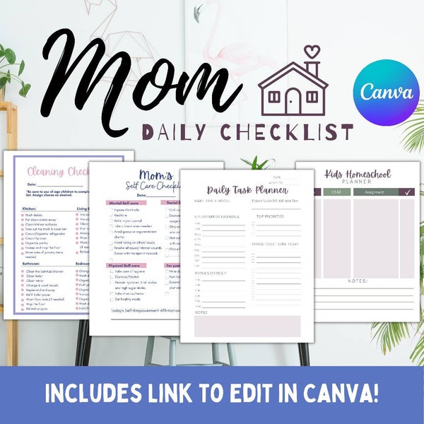 Mom Checklist Work From Home Mom Planner canva Stay at Home Mom Planner Schedule, Mom Productivity Checklist, Homeschool Mom, Work organizer