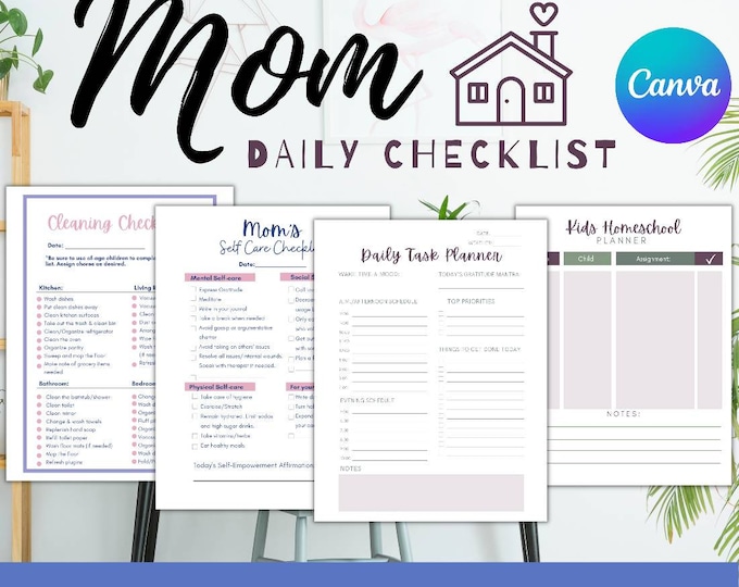 Mom Checklist Work From Home Mom Planner canva Stay at Home Mom Planner Schedule, Mom Productivity Checklist, Homeschool Mom, Work organizer