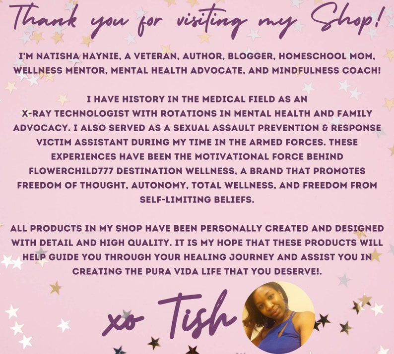 May include: A pink and white background with gold stars. The text "Thank you for visiting my Shop!" is at the top of the image. The text "xo Tish" is at the bottom of the image. A woman is smiling at the camera in the bottom right corner of the image.