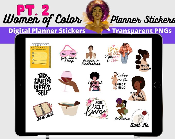 Black Girl Planner digital Stickers, Dark Skin, Goodnotes Stickers, Self Care Planner, Cropped Planner stickers
