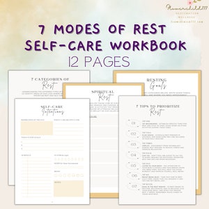 以下が含まれることがあります： 黄色と白の表紙に「7つの休息モード 自己ケアワークブック 12ページ」というテキストが書かれた自己ケアワークブック。ワークブックには、休息のさまざまなカテゴリー、自己ケアの意図、休息を優先するためのヒントに関するセクションが含まれています。