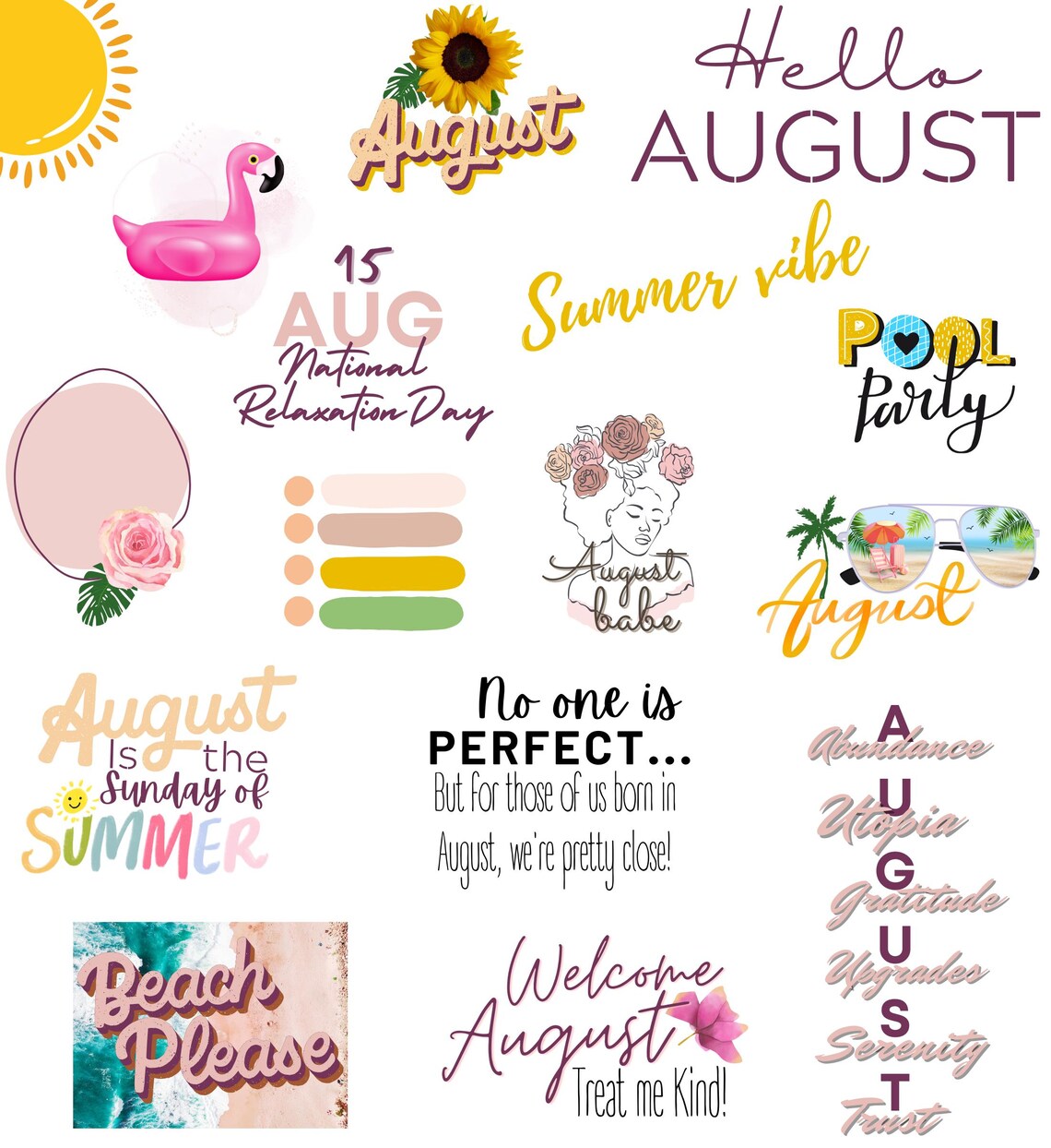 August Digital Stickers, Summer Digital Planner Stickers, Precropped ...