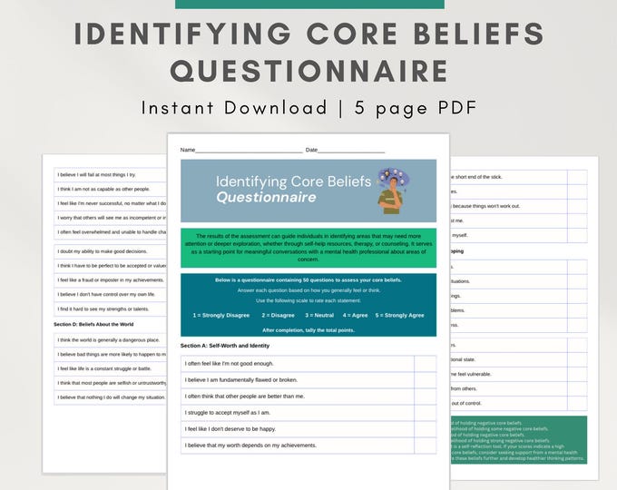 Core Beliefs worksheet pdf, Identifying Core Beliefs Questionnaire, maladaptive schemas, Automatic Thoughts