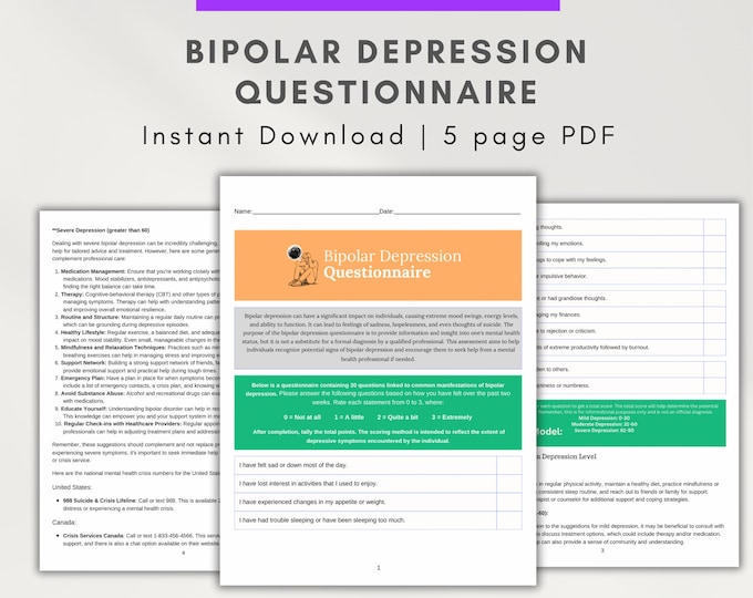 Bipolar depression questionnaire, depression questionnaire pdf, bipolar workbook, manic depression, depression cycle, depression spiral