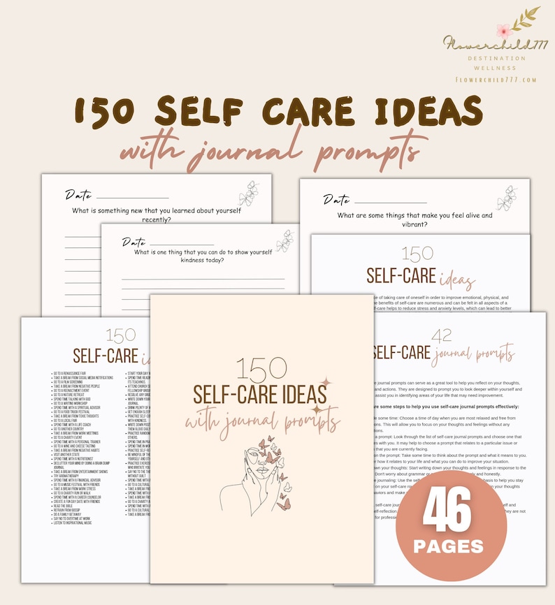 May include: A printable self-care journal with 150 self-care ideas and 42 journal prompts. The journal cover features a line drawing of a woman's face with butterflies.