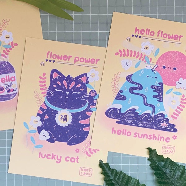 Illustrated Art Prints - Lucky cat, Prosecco, Nutella, Hello Sunshine, Japanese Culture, Self Care, Nature, Flowers, Plants, Pop culture