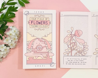 Your Field Of Flowers – Concertina Comic, Zine, Comic, Self-Care Zine, Illustration, Discover, Self-Care, Self-Discovery, Happiness, Flowers