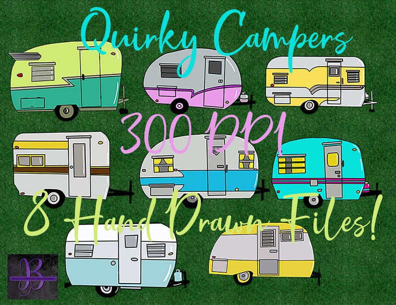 Eight Files Hand Drawn Quirky Vintage Campers Clip Art