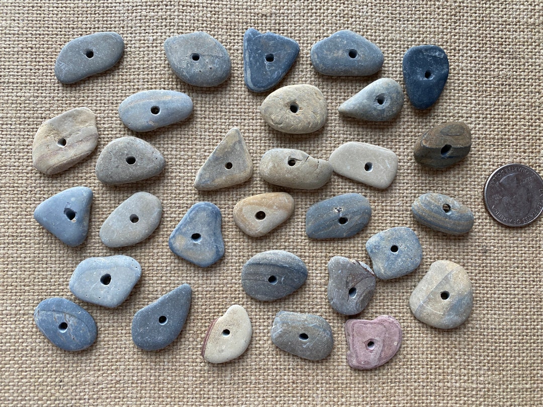 30 Large 7/81 Appr Flat Smooth Stones With Middle Drilled Holes 23mm, Natural Stone Beads Beach